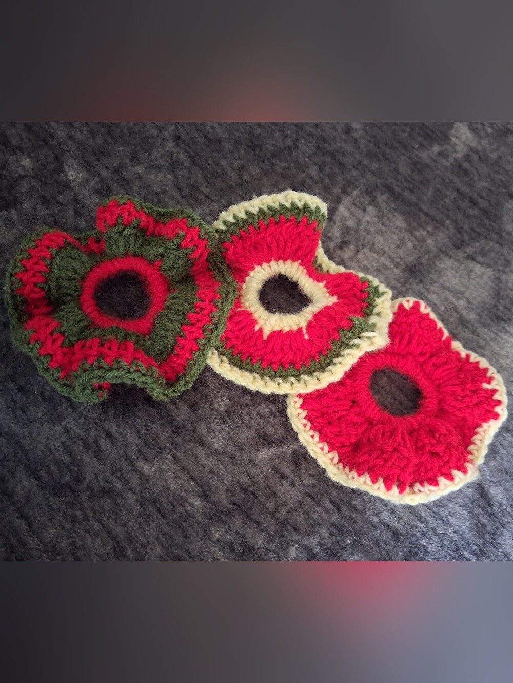 Christmas Handmade Crocheted Red,Green, Cream Crochet Scrunchie Set- 3pack New